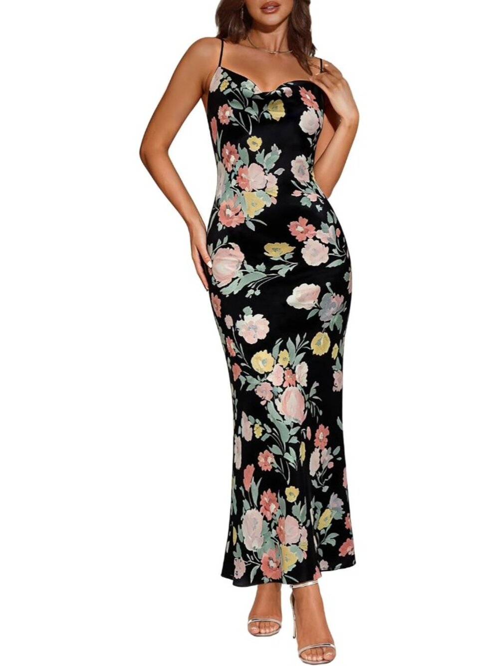 Women's Black Floral Elegant Cowl Neck Silk Slip Wedding Guest Long Midi Dresses
